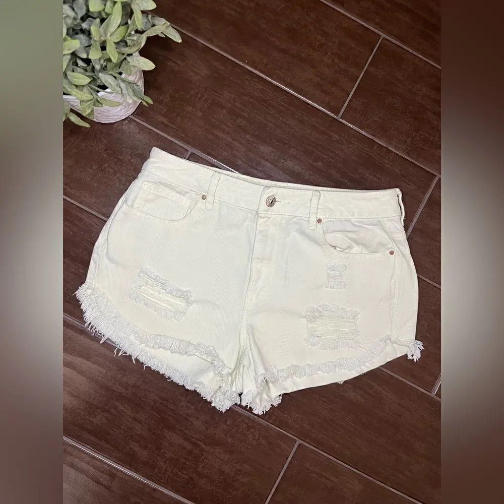 Pacsun high rise festival pale yellow/lime distressed shorts sz 27